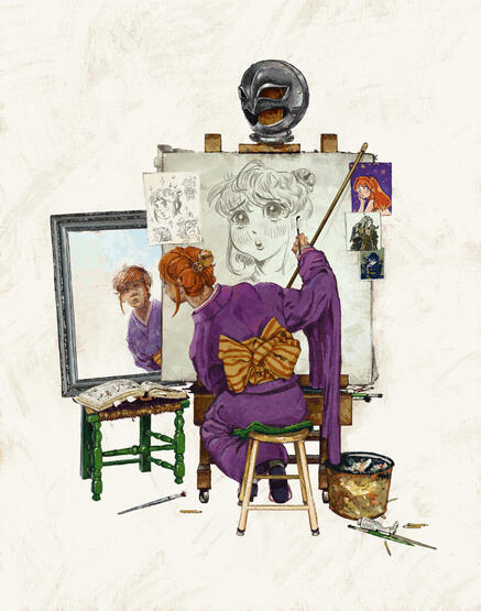 homage to various different series with a mascot character, in the style of Norman Rockwell. 2023